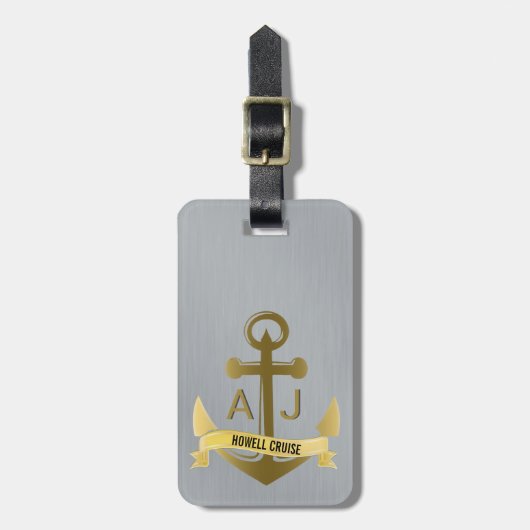 Nautical Anchor Cruise Vacation Metallic Monogram Bagagelabel (Voorkant verticaal)
