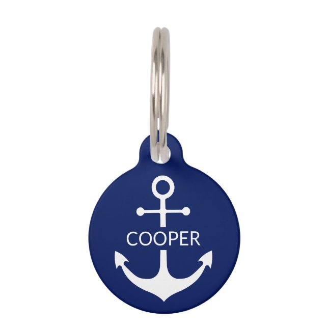 Nautical anchor custom contact info navy blue huisdierpenning (Voorkant)