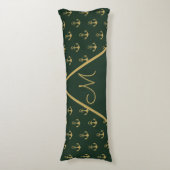 Nautical Anchor Dark Forest Green Gold Monogram Lichaamskussen (Voorkant Verticaal)