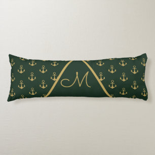 Nautical Anchor Dark Forest Green Gold Monogram Lichaamskussen