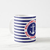 Nautical Anchor Design Navy Blue met witte streep Koffiemok (Voorkant links)