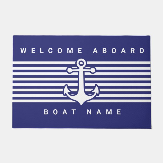 Nautical Anchor Design Navy Blue White Stripe deur Deurmat (Voorkant)