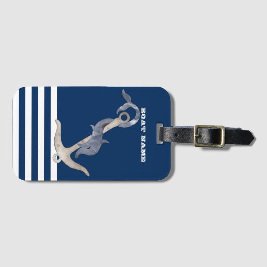 Nautical, Anchor Dolphin Navy Blue Striped Bagagelabel (Voorkant (horizontaal))