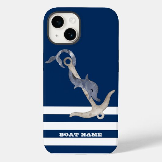 Nautical, Anchor Dolphin Navy Blue Striped Case-Mate iPhone Case (Achterkant)