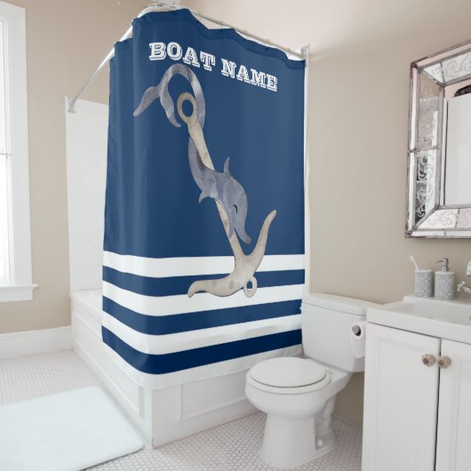 Nautical, Anchor Dolphin Navy Blue Striped Douchegordijn (In situ)