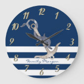 Nautical, Anchor Dolphin Navy Blue Striped Grote Klok (Voorkant)