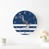 Nautical, Anchor Dolphin Navy Blue Striped Grote Klok (Huis)