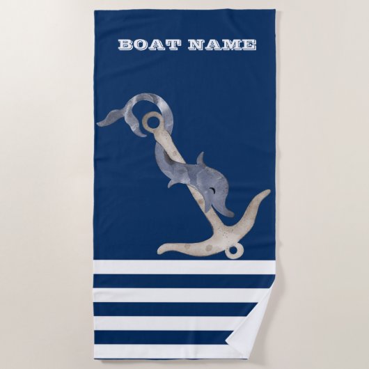 Nautical, Anchor Dolphin Navy Blue Striped Strandlaken (Voorkant)