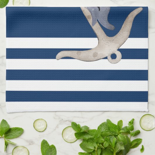 Nautical, Anchor Dolphin Navy Blue Striped Theedoek (Gevouwen)
