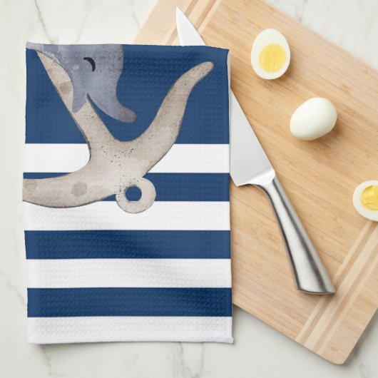 Nautical, Anchor Dolphin Navy Blue Striped Theedoek (Quarter Fold)