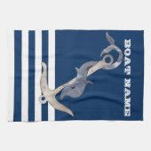 Nautical, Anchor Dolphin Navy Blue Striped Theedoek (Horizontaal)