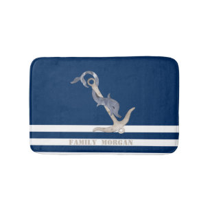 Nautical Anchor Dolphin Navy Blue Stripes Sailor Badmat
