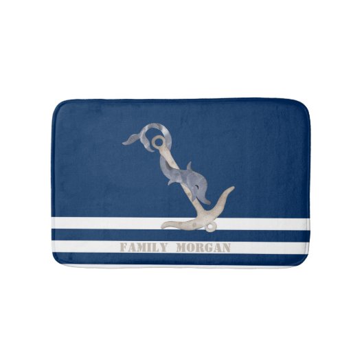 Nautical Anchor Dolphin Navy Blue Stripes Sailor Badmat (Voorkant)