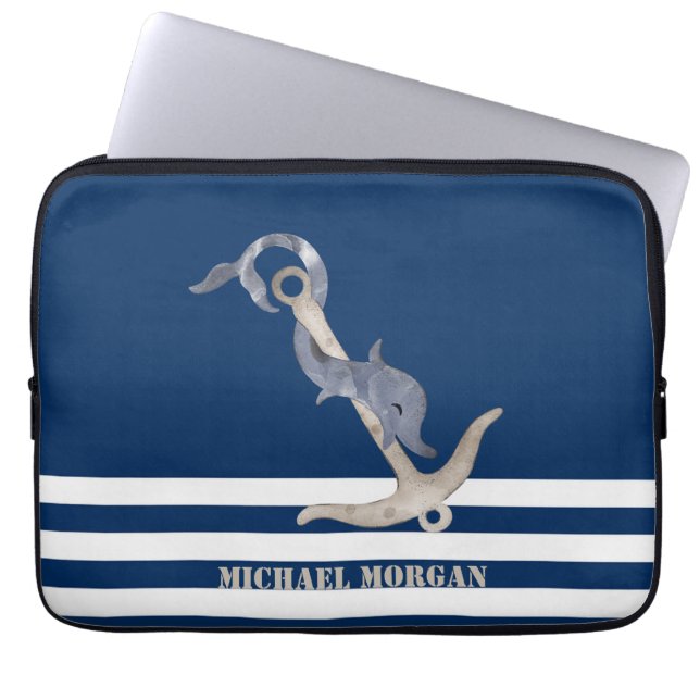 Nautical Anchor Dolphin Navy Blue Stripes Sailor Laptop Sleeve (Voorkant)