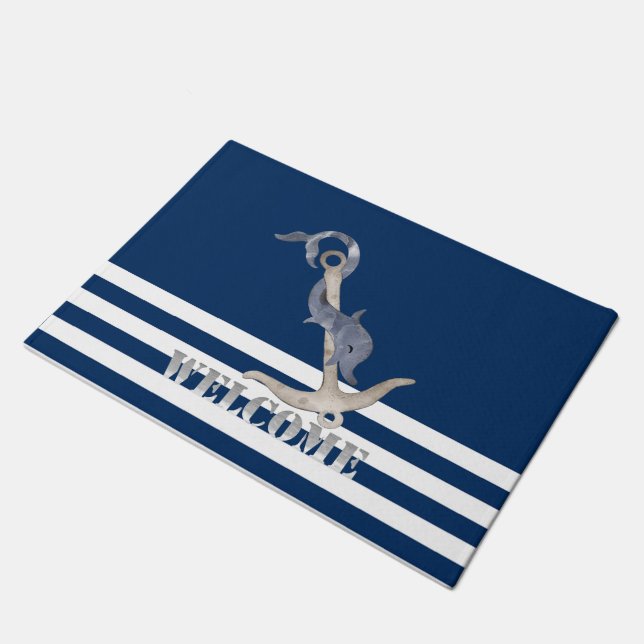 Nautical Anchor Dolphin Navy Blue Stripes Welcome Deurmat (Schuin)