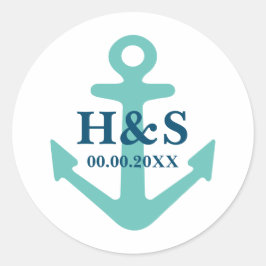 Nautical anchor douanenaam bruiloft gunsten sticke ronde sticker