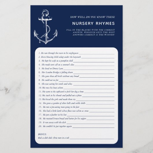 Nautical Anchor Double Side Navy Baby shower Games (Voorkant)