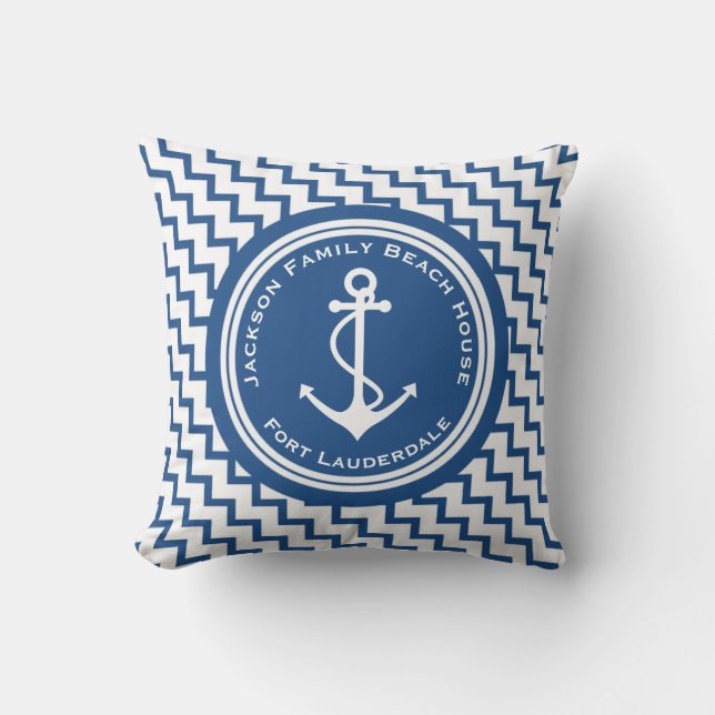Nautical Anchor Family Beach House Modern Chevron Kussen (Voorkant)
