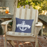 Nautical Anchor Family Name Date Blue Stripes Buitenkussen<br><div class="desc">Nautisch Anker Familienaam Datum Navy Blue Stripes Outdoor Kussen</div>