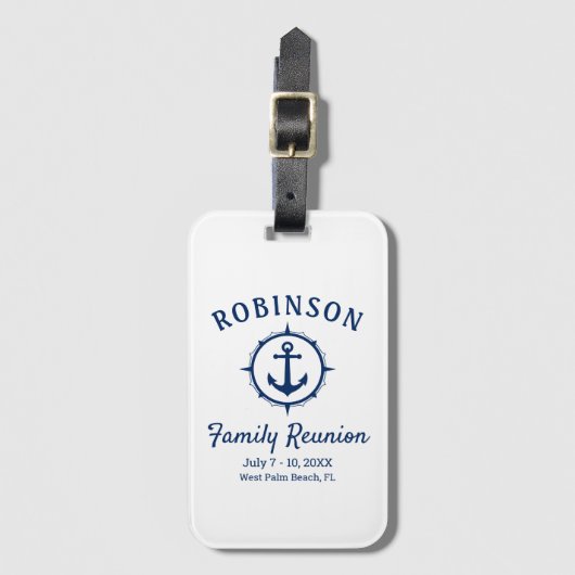 Nautical Anchor Family Reunion Navy Blue & White Bagagelabel (Voorkant (verticaal))