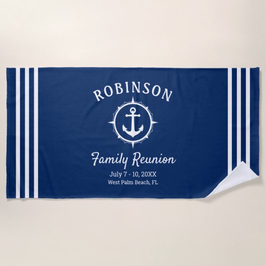 Nautical Anchor Family Reunion Navy Blue & White Strandlaken (Voorkant)