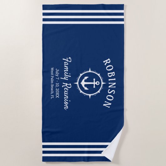 Nautical Anchor Family Reunion Navy Blue & White Strandlaken (Voorkant)
