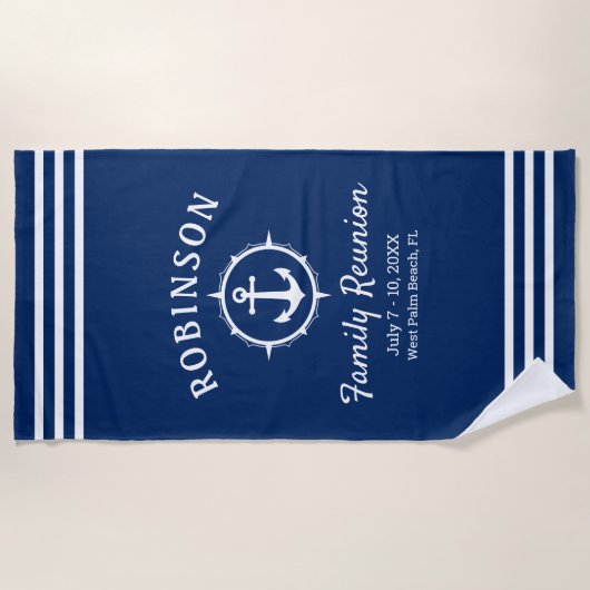 Nautical Anchor Family Reunion Navy Blue & White Strandlaken (Voorkant)