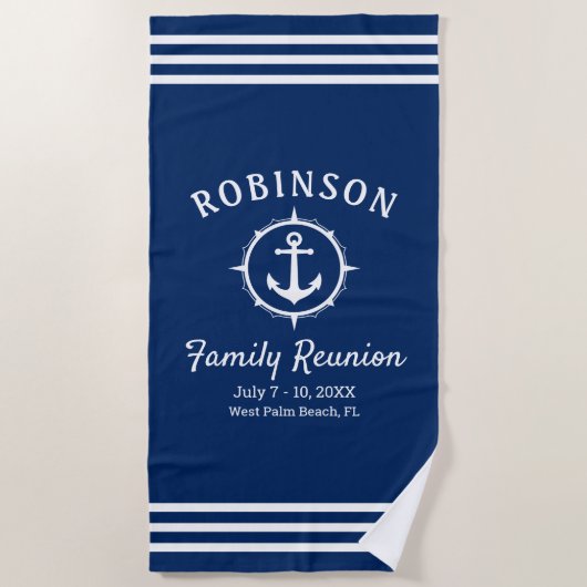 Nautical Anchor Family Reunion Navy Blue & White Strandlaken (Voorkant)