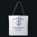 Nautical Anchor Family Reunion Navy Blue & White Tote Bag<br><div class="desc">Een nautische canvas tas van de gezinshereniging met een thema dat uw familienaam, reünie datum en plaats in elegant kalligrafiekmanuscript met stijlvolle moderne tekst toont. Dit ontwerp kenmerkt kunstwerk van een anker van de douanevaartuig met een kompasstijlbuiter in jachtblauw op wit of past gemakkelijk de achtergrond aan om het even...</div>