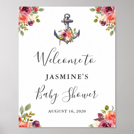 Nautical Anchor Floral Baby shower Welcome Sign Poster (Voorkant)