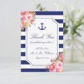 Nautical Anchor Floral Blue Stripe Wedding Bedankkaart (Staand voorkant)