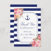 Nautical Anchor Floral Blue Stripe Wedding Bedankkaart (Voorkant / Achterkant)