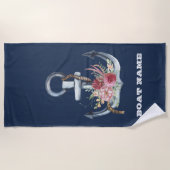 Nautical Anchor Floral Boat Name Navy Blue Strandlaken (Voorkant)