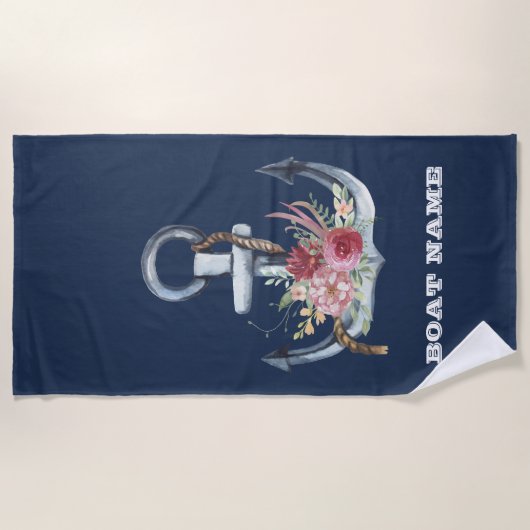 Nautical Anchor Floral Boat Name Navy Blue Strandlaken (Voorkant)