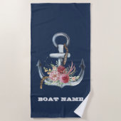 Nautical Anchor Floral Boat Name Navy Blue Strandlaken (Voorkant)