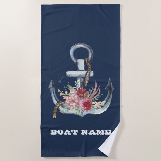 Nautical Anchor Floral Boat Name Navy Blue Strandlaken (Voorkant)