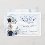 Nautical Anchor Floral Elegant Script Navy Blue RSVP Kaartje (Voorkant / Achterkant)