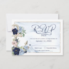 Nautical Anchor Floral Elegant Script Navy Blue RSVP Kaartje