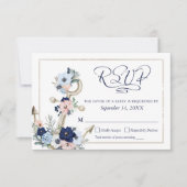 Nautical Anchor Floral Elegant Script Navy Blue RSVP Kaartje (Voorkant)