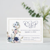 Nautical Anchor Floral Elegant Script Navy Blue RSVP Kaartje (Staand voorkant)