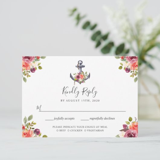 Nautical Anchor Floral Navy Blue Stripes RSVP (Staand voorkant)