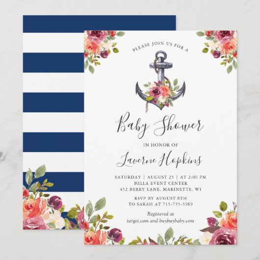 Nautical Anchor Floral Navy Stripes Baby shower Kaart (Voorkant / Achterkant)