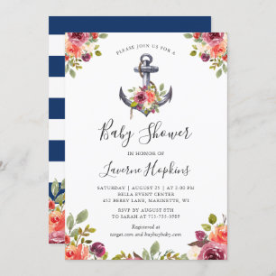 Nautical Anchor Floral Navy Stripes Baby shower Kaart