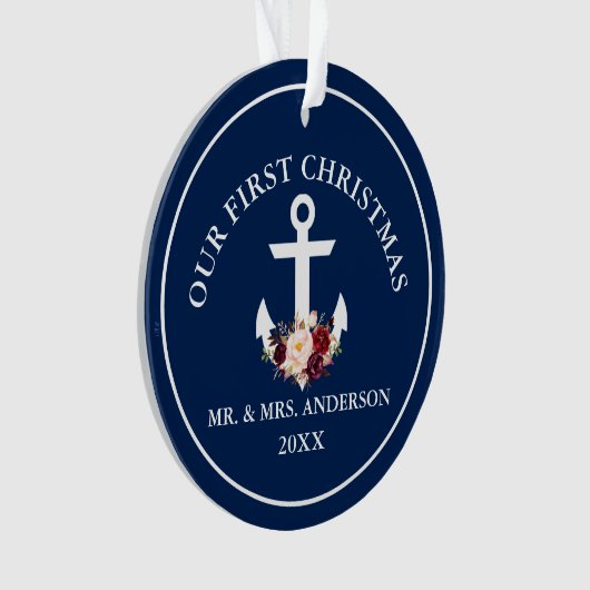 Nautical Anchor Floral Ons eerste kerstblauw Ornament (voorkant)