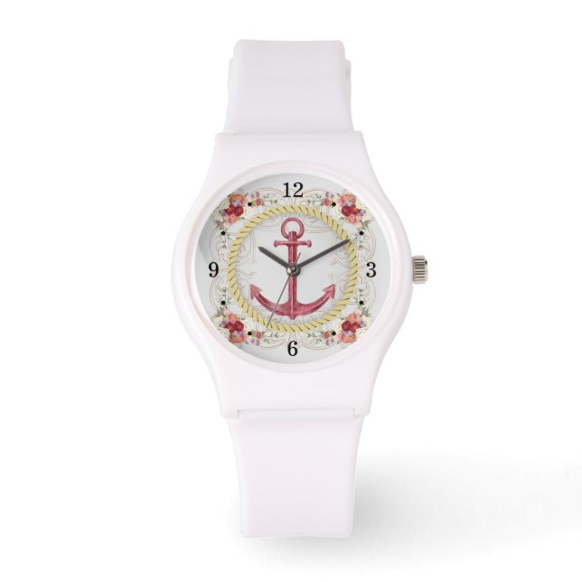 Nautical Anchor & Floral Roseate Sporty Watch Horloge (Voorkant)