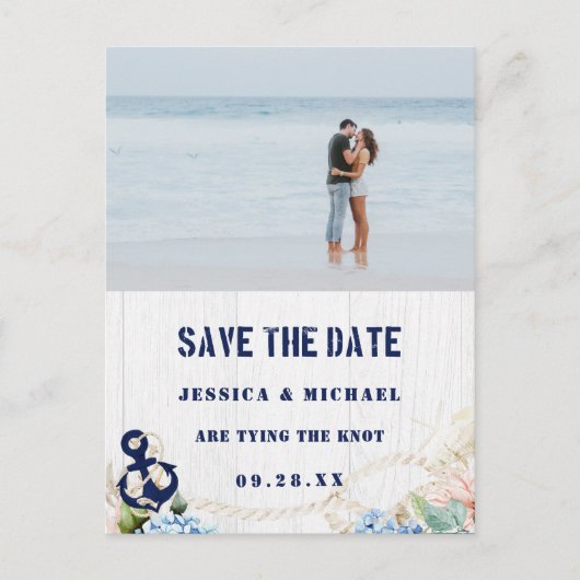 Nautical Anchor Floral Rustic Beach Save the Date Uitnodiging Briefkaart (Voorkant)