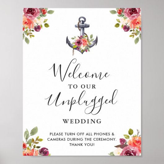 Nautical Anchor Floral Unplugged Wedding Sign Poster (Voorkant)