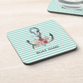 Nautical, Anchor Flowers Mint Green Stripes Bier Onderzetter (Linkerzijde)