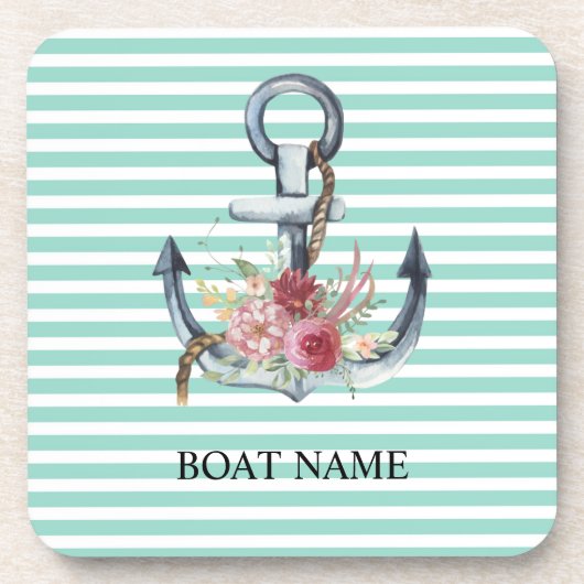 Nautical, Anchor Flowers Mint Green Stripes Bier Onderzetter (Voorkant)