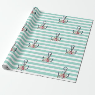 Nautical, Anchor Flowers Mint Green Stripes Cadeaupapier